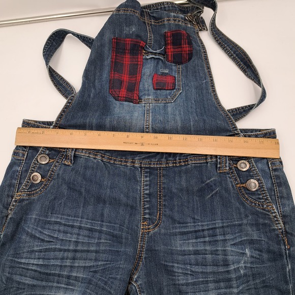 Rue 21 Front Overall Jeans Plaid Low back waist 13/14 - Picture 7 of 11
